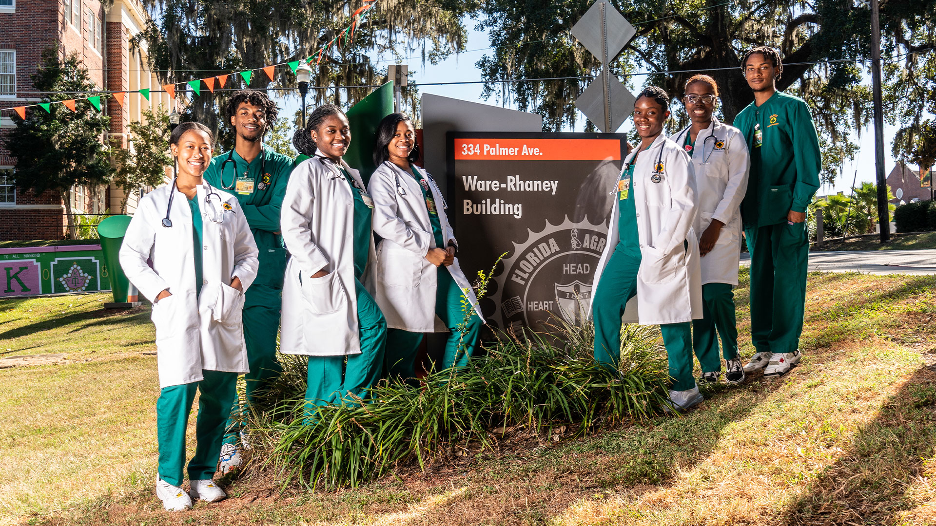 Nursing Students outside Ware-Rhaney Building